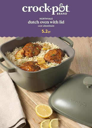 Crock-Pot Northvale Cast Aluminum Lightweight Durable 5.2 Quart Heavy Duty Dutch Oven Pot With Lid, Oven Safe, Dual Handles - Matte Sage Green