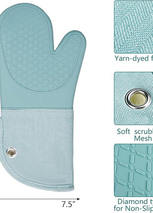 Professional Microwave Silicone Oven Mitts one Pair, Kitchen Mitten Set for Heat Resistant with 500 Degrees, Kitchen Gloves Pot Holder for BBQ Cooking Baking (Light Blue)