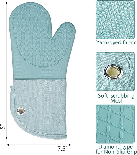 Professional Microwave Silicone Oven Mitts one Pair, Kitchen Mitten Set for Heat Resistant with 500 Degrees, Kitchen Gloves Pot Holder for BBQ Cooking Baking (Light Blue)