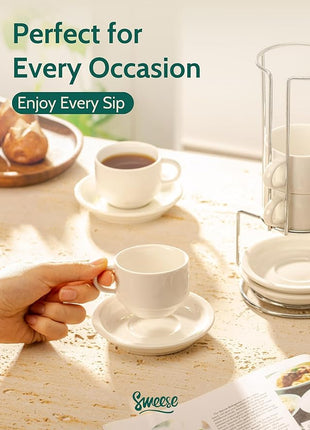 Sweese 2.5 Ounce Porcelain Stackable Espresso Cups with Saucers and Metal Stand Set of 4, White