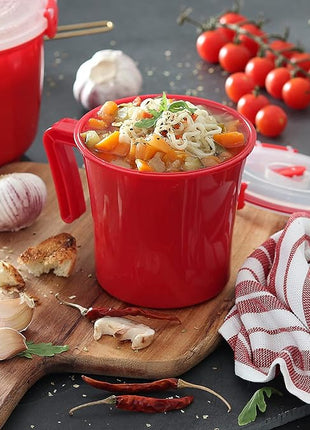 Tafura 22oz Microwave Soup Mugs with Handles, 2 Pack - Red Mug with Clear Lid