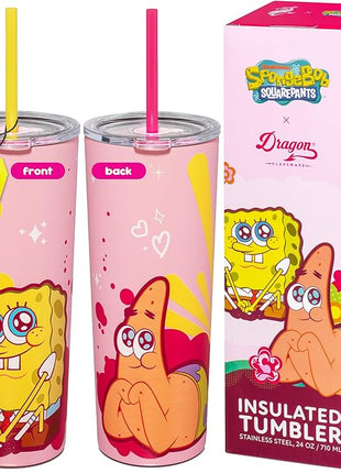 Dragon Glassware x SpongeBob SquarePants 24 oz Vacuum Insulated Tumbler with Lid and Straw - Tumbler Cup with 2 Straws - Stainless Steel Tumbler with Straw for Water, Iced Tea - SpongeBob - Pink