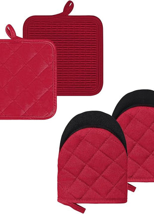 Oven Mitts and Pot Holders Set, Pack of 4, Heat Resistant Silicone Kitchen Mini Oven Mittens for 500 Degrees, Mini Oven Gloves and Hot Pads for Baking Grilling Barbecue Microwave Machine Washable