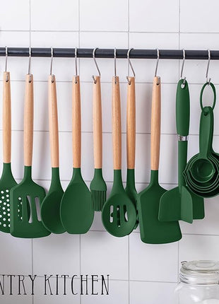 Country Kitchen Non Stick Silicone Utensil Set with Rounded Wood Handles for Cooking and Baking, 38 Piece Set, Green