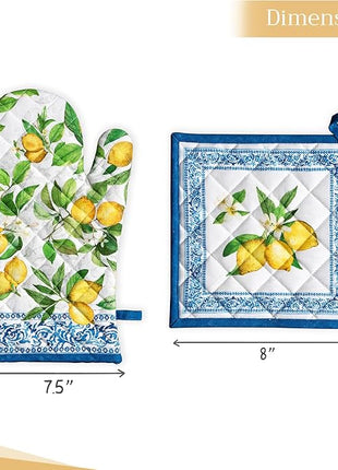 Maison d' Hermine 100% Cotton Oven Mitt & Pot Holder Set (7.5"x13" & 8"x8") Heat Resistant BBQ Cooking Gloves with Loop, Baking, Grilling, Kitchen, Handling Hot Pans Spring/Summer (Cedrat)