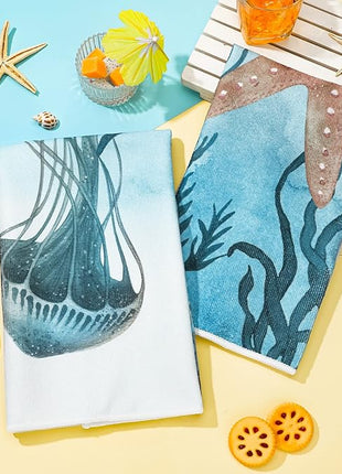 Boyiee Set of 6 Beach Kitchen Towels Sea Ocean Animal Nautical Tea Towels 24 x 16 Inches Kitchen Gifts Turtle Jellyfish Seahorse Hand Dishcloth for Farmhouse Bathroom Decorations