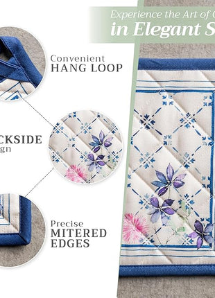 Maison d' Hermine 100% Cotton Oven Mitt & Pot Holder Set (7.5"x13" & 8"x8") Heat Resistant BBQ Cooking Gloves with Loop, Baking, Grilling, Kitchen, Handling Hot Pans Spring/Summer (Faience)