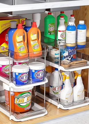 Delamu 2 Pack 3-Tier Bathroom Under Sink Organizers and Storage, Multi-Purpose Stackable Pantry Organization and Storage, Pull Out Clear Kitchen Bathroom Cabinet Organizer with Movable Dividers, Grey