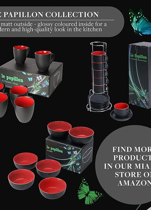 MIAMIO - Set of 6 Stoneware Coffee Mugs 12 Ounce/Cup Set - Le Papillon Collection (Black-Red)