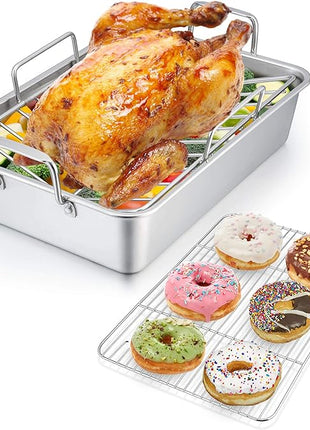 P&P CHEF 14" Roaster Roasting Pan with Baking Rack and V-shaped Rack, Stainless Steel Rectangular Lasagna Pan with Handles for Turkey Chicken, Healthy & Dishwasher Safe, 3 Pieces, Silver