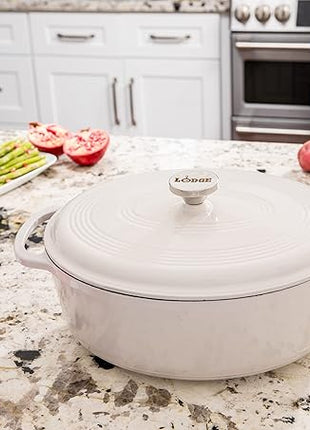 Lodge 7 Quart Enameled Cast Iron Oval Dutch Oven with Lid – Dual Handles – Oven Safe up to 500° F or on Stovetop - Use to Marinate, Cook, Bake, Refrigerate and Serve – Oyster White