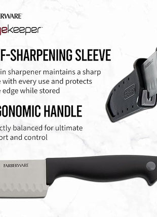 Farberware Edgekeeper 5-Inch Santoku Knife with Self-Sharpening Blade Cover, High Carbon-Stainless Steel Kitchen Knife with Ergonomic Handle, Razor-Sharp Knife, Black