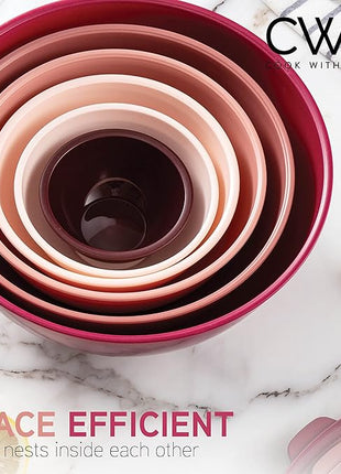 COOK WITH COLOR Mixing Bowls with TPR Lids - 12 Piece Plastic Nesting Bowls Set includes 6 Prep Bowls and 6 Lids, Microwave Safe (Rose)