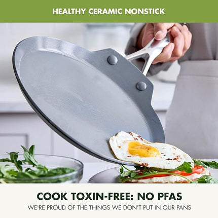 GreenPan Valencia Pro 9.5" Nonstick Crepe Pan, PFAS-Free Ceramic Flat Pancake Skillet, Induction Ready Cookware, Hard Anodized, Dishwasher & Oven Safe, Gray