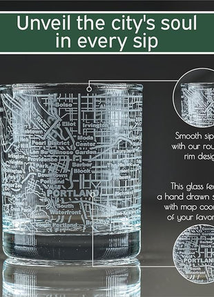 Greenline Goods Whiskey Glasses - 10 Oz Tumbler Gift Set for Portland lovers, Etched with Portland Map Old Fashioned Rocks Glass - Set of 2