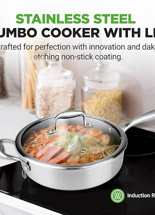 NutriChef 3.4QT Deep Frying Pan with Lid - Stainless Steel Non-Stick Saute Pan, Scratch-Resistant Honeycomb Texture, Oven & Induction Safe Skillet