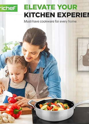 NutriChef 3.4QT Deep Frying Pan with Lid - Stainless Steel Non-Stick Saute Pan, Scratch-Resistant Honeycomb Texture, Oven & Induction Safe Skillet