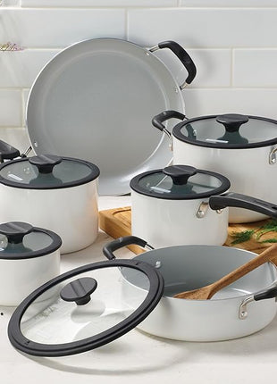 Tramontina Ceramic Non Stick 11-Piece Nesting Pots and Pans Set with Lids - Stackable Nonstick Cookware Set, Dishwasher and Oven Safe, White