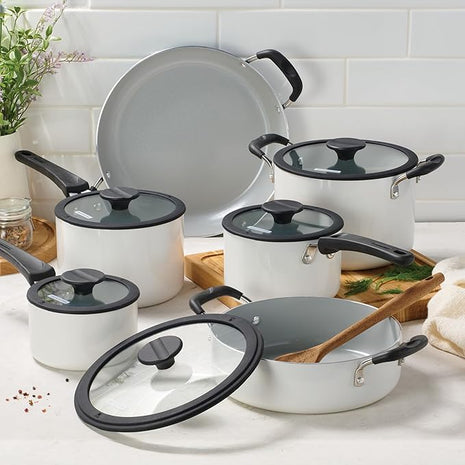 Tramontina Ceramic Non Stick 11-Piece Nesting Pots and Pans Set with Lids - Stackable Nonstick Cookware Set, Dishwasher and Oven Safe, White