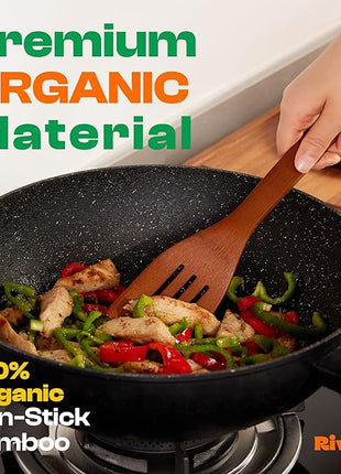 Riveira Premium Brown Bamboo Wooden Spoons for Cooking Set of 9 – Premium Brown Bamboo Wooden Cooking Utensils, Wooden Spatula, Wooden Spoon - Premium Quality Wooden Utensil Set for Non-Toxic Cooking