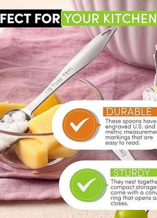 Spring Chef Stainless Steel Measuring Spoons Set of 6 with Leveler, Rectangular Metal Teaspoon & Tablespoon Measuring Spoons for Dry & Liquid Ingredients - Nesting Kitchen Gadgets For Baking & Cooking