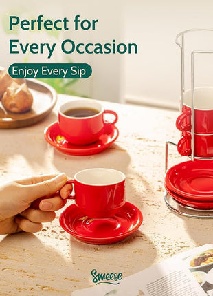 Sweese 2.5 Ounce Porcelain Stackable Espresso Cups with Saucers and Metal Stand Set of 4, Red