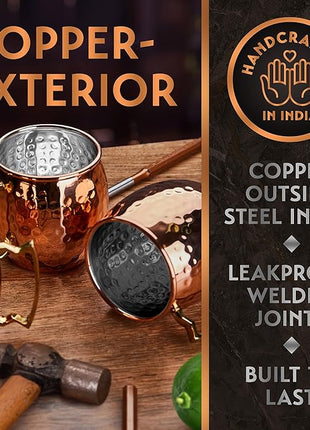 Gift Set Moscow Mule Mugs Set of 4 16 oz Copper Plated Stainless Steel 4 Straws 4 Coasters Jigger Shot Glass Stirring Spoon, Cleaning Brush