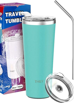 THILY Tumbler Vacuum Insulated Travel Mug 26 oz Coffee Cup with Lids and Straws, Reusable, Splash-Proof, Powder Coated, Keep Ice Drinks Cold, Teal