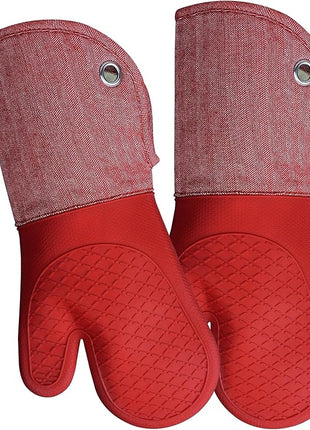 Professional Microwave Silicone Oven Mitts one Pair, Kitchen Mitten Set for Heat Resistant with 500 Degrees, Kitchen Gloves Pot Holder for BBQ Cooking Baking (Red)
