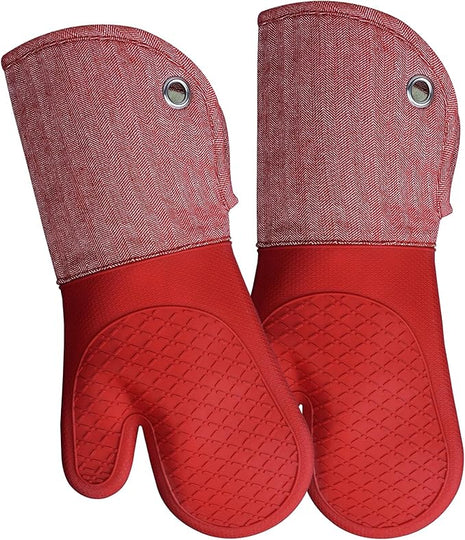 Professional Microwave Silicone Oven Mitts one Pair, Kitchen Mitten Set for Heat Resistant with 500 Degrees, Kitchen Gloves Pot Holder for BBQ Cooking Baking (Red)