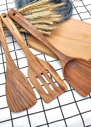 11 Pcs Wooden Kitchen Utensils Set - Wooden Spoons, Spatulas and More for Cooking