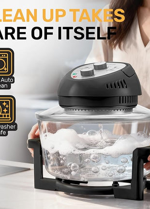 Big Boss 16Qt Extra Large Glass Air Fryer Non Toxic – Family Sized 4 in 1 Cooker with 3 Cooking Sections, Stainless Steel Racks for French Fries, Chicken, No Preheat, Self Cleaning, Dishwasher Safe