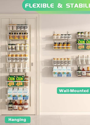 White 12 Inch Wide Narrow Over The Door Pantry Organizer, Pantry Organization and Storage, 8-Tier Metal Hanging Deep Basket Wall Spice Rack Seasoning Shelves, Home & Kitchen Essentials