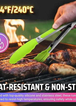 Kaluns Kitchen Tongs for Cooking Grilling Set of 4, BBQ Grill Tongs With Silicone Tip Stainless Steel Heat Resistant, Non-stick Pull Lock, Incl 7, 9, 12 Inch Tong Plus a Silicone Spatula