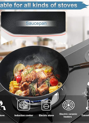 Carbon Steel Wok Pan with Lid & Wood Spatula, 12.5" Cast Iron Stir Fry Pan with Flat Bottom and Wooden Handle for Electric, Induction and Gas Stoves