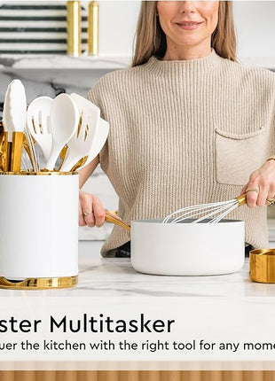 Gold Kitchen Utensils Set - 19-Piece Set Includes Stainless Steel Gold Utensils, White Silicone Tools, and Measuring Cups and Spoons - Luxury Kitchen Accessories for Modern Cooking, Serving, & Gifting