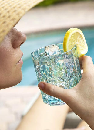 BELLAFORTE Shatterproof Tritan Plastic Short Tumbler, Set of 4, 13oz - Myrtle Beach Unbreakable Crystal Cut Old Fashioned Drinking Glasses for Whiskey - BPA Free - Dishwasher Safe - Teal