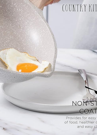 Country Kitchen Non-Stick Cast Aluminum Cookware Set - Durable Kitchen Cookware for Everyday Cooking, Cream, 11 Pc.