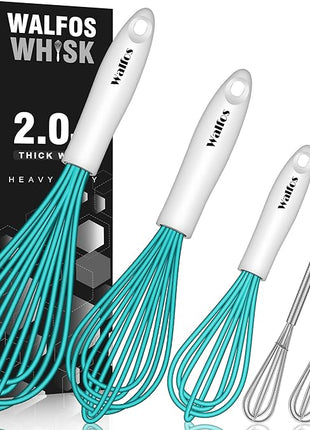 Walfos Whisk,Silicone Whis, Non Scratch Coated Wisking tool silicone set of 5,BPA Free and Heat Resistant 480°F.Premium for Whisking, Blending, Frothing, Beating.(Blue)