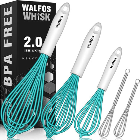 Walfos Whisk,Silicone Whis, Non Scratch Coated Wisking tool silicone set of 5,BPA Free and Heat Resistant 480°F.Premium for Whisking, Blending, Frothing, Beating.(Blue)