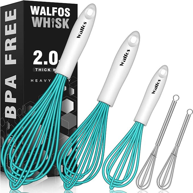 Walfos Whisk,Silicone Whis, Non Scratch Coated Wisking tool silicone set of 5,BPA Free and Heat Resistant 480°F.Premium for Whisking, Blending, Frothing, Beating.(Blue)