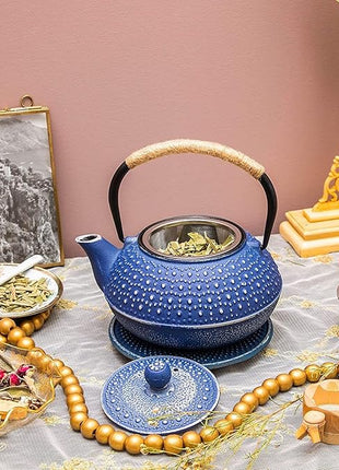 Juvale Cast Iron Teapot with Infuser - Blue, 27 oz (800 mL) - Stovetop Tea Kettle for Loose Leaf Tea - Includes Stainless Steel Infuser & Trivet