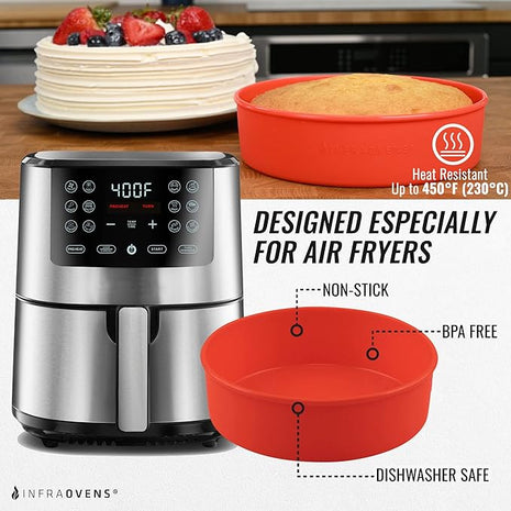 Air Fryer Baking Pan Set For Ninja Air Fryers AF141, AF181 5qt 6.5qt, Freezer and Airfryer Bakeware Sets with Cupcake Liners & Kitchen Conversion Chart, Nonstick Round Cake Molds for Baking