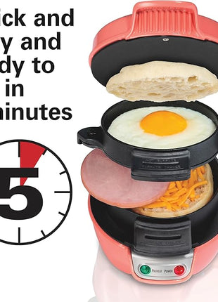 Hamilton Beach Breakfast Sandwich Maker with Egg Cooker Ring, Customize Ingredients, Perfect for English Muffins, Croissants, Mini Waffles, Perfect White Elephant Gifts, Coral (25483)