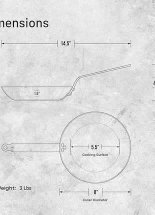 De Buyer MINERAL B Carbon Steel Fry Pan - 8” Diameter, 5.5” Cooking Surface - Ideal for Searing, Sauteing & Reheating - PFAS, PFOA & PFOS Free - Made in France