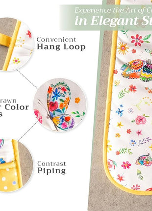 Maison d' Hermine Double Oven Mitts 100% Cotton 7"x35" Double Oven Mitt Heat Resistant BBQ Cooking Gloves with Loop, Baking, Grilling, Kitchen, Handling Hot Pans Spring Summer (Happy Florals - Sweety)
