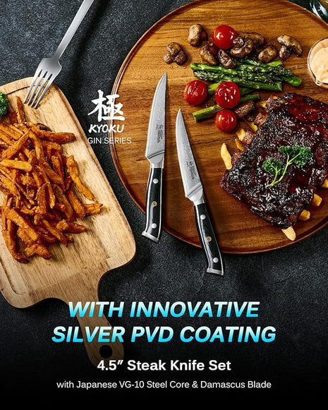 KYOKU Gin Series Steak Knife Set of 4, 4.5" Steak Knives, Japanese VG10 Damascus Stainless Steel Kitchen Knife Set with Silver Ion Blades G10 Handles Mosaic Pins, Cutlery Set w/Sheaths & Case