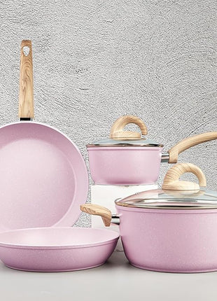 Pots and Pans Set Non Stick, Ceramic Cookware Set with Granite Pattern, Induction Kitchen Cooking Sets w/Frying Pans, Saucepans, Casserole with Lids, Non-Toxic, PTFE/PFOA/PFOS-Free, Pale Pink