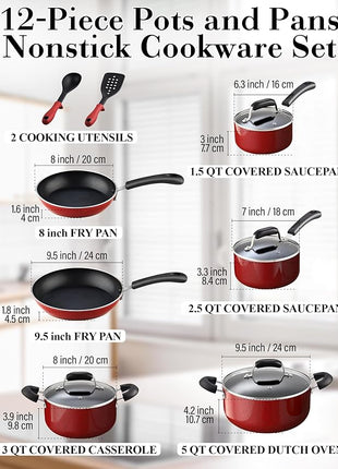Cook N Home Pots and Pans Nonstick Cookware Set 12-Piece, Kitchen Cooking Set with Frying Pans and Saucepans, Induction Compatible, Marble Red