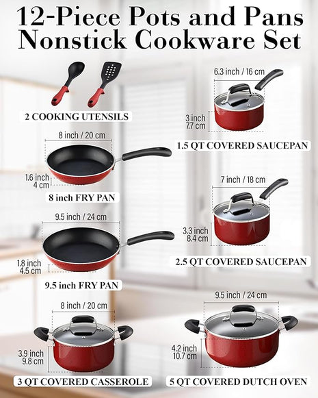 Cook N Home Pots and Pans Nonstick Cookware Set 12-Piece, Kitchen Cooking Set with Frying Pans and Saucepans, Induction Compatible, Marble Red